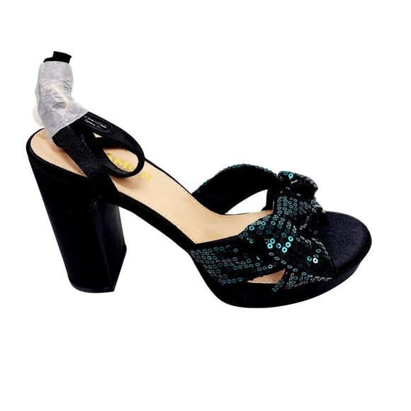 Amoji Womens Sequin Bow High Heel Sandals Black/Green Size 38 /US 8 - Picture 2 of 16